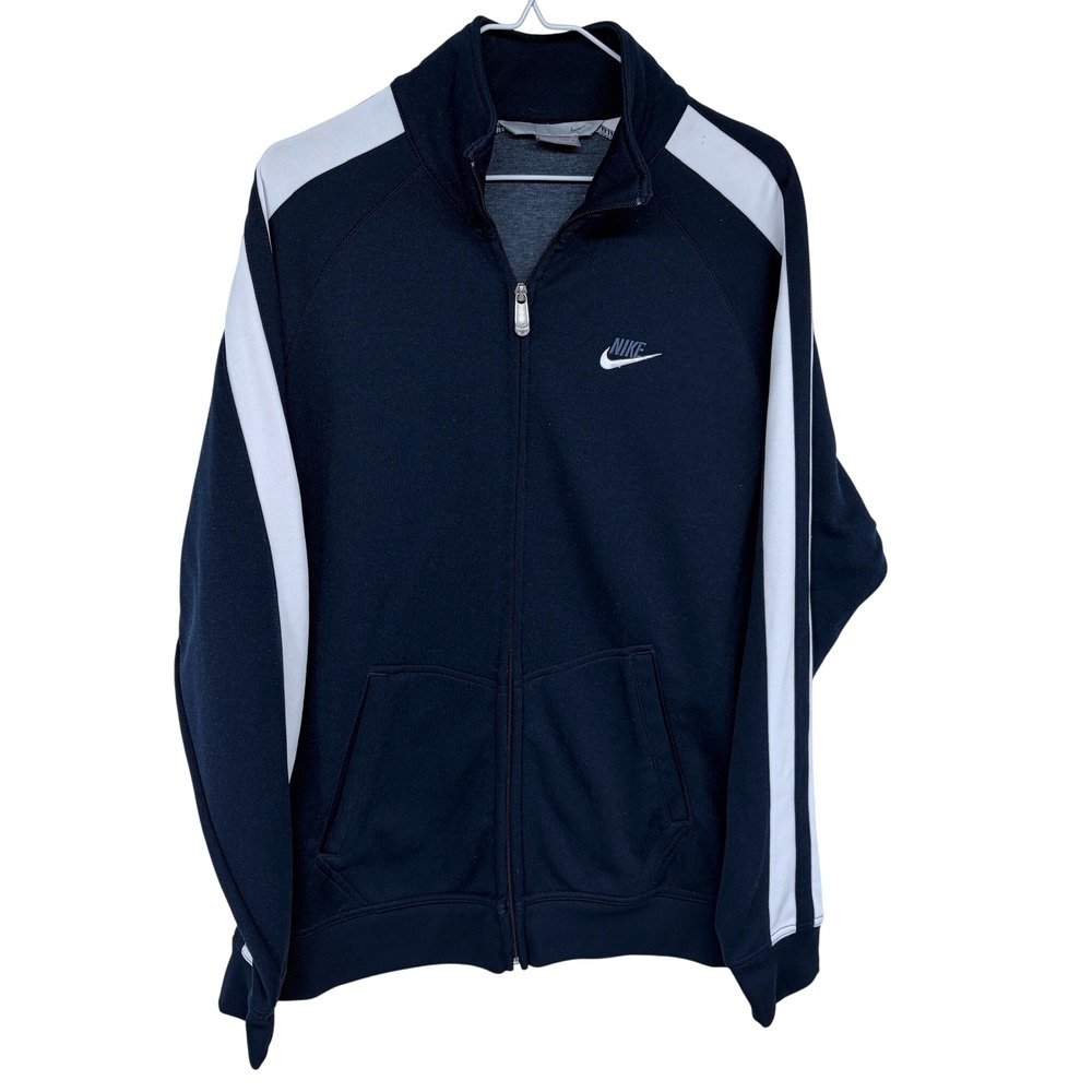 Y2K Nike Track Jacket Large Men's Gray Tag Navy‎ Blue White Stripes Vintage